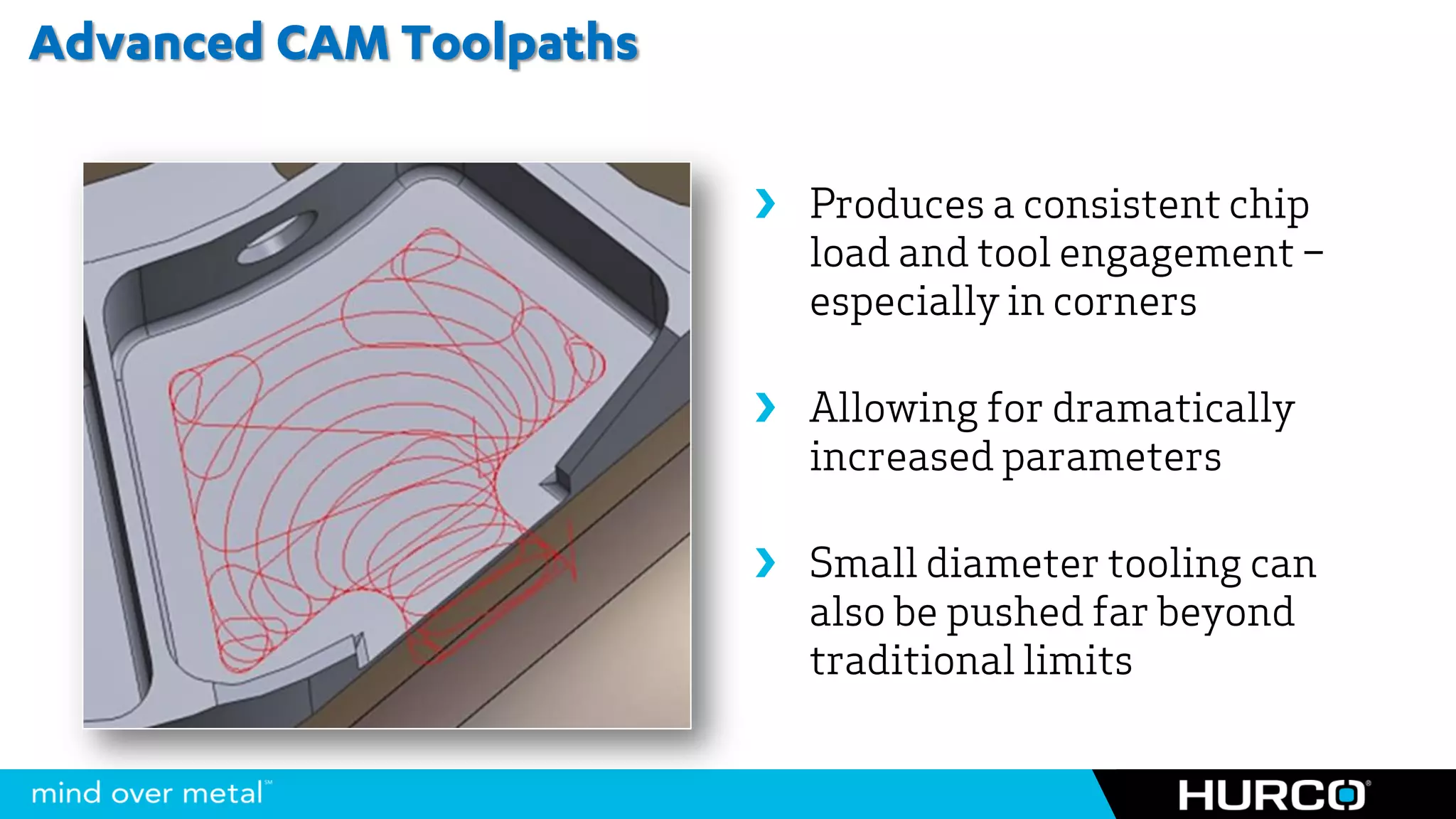 Advanced CAM Toolpaths

                          Produces a consistent chip
                           load and tool engagement –
                           especially in corners

                          Allowing for dramatically
                           increased parameters

                          Small diameter tooling can
                           also be pushed far beyond
                           traditional limits
 