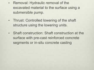 • Removal: Hydraulic removal of the
excavated material to the surface using a
submersible pump.
• Thrust: Controlled lowering of the shaft
structure using the lowering units.
• Shaft construction: Shaft construction at the
surface with pre-cast reinforced concrete
segments or in-situ concrete casting
 