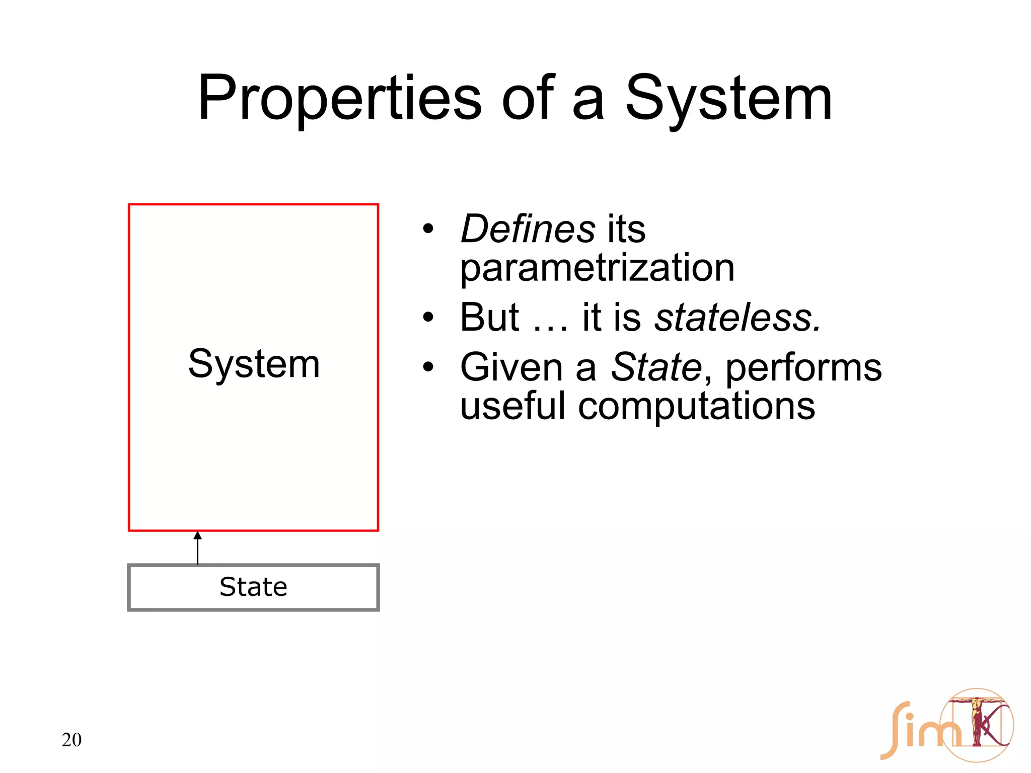 20
Properties of a System
System
• Defines its
parametrization
• But … it is stateless.
• Given a State, performs
useful computations
State
 