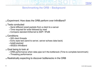 Benchmarking the ORB – Background




■    Experiment: How does the ORB perform over InfiniBand?
■    Tests conducted
      – Send different sized packets from a client to a server
      – Time required for write followed by read
      – Compare standard Ethernet to SDP / IPoIB
■    Conditions
      – 500 client threads
      – Echo style test (send to server, server echoes data back)
      – byte[] payload
      – 40Gb/s InfiniBand
■    Goal being to look at
      – ORB performance when data pipe isn’t the bottleneck (Time to complete benchmark)
      – Threading performance
■    Realistically expecting to discover bottlenecks in the ORB


54                                                                               © 2012 IBM Corporation
 