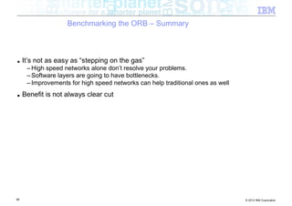 Benchmarking the ORB – Summary



■    It’s not as easy as “stepping on the gas”
      – High speed networks alone don’t resolve your problems.
      – Software layers are going to have bottlenecks.
      – Improvements for high speed networks can help traditional ones as well
■    Benefit is not always clear cut




86                                                                               © 2012 IBM Corporation
 