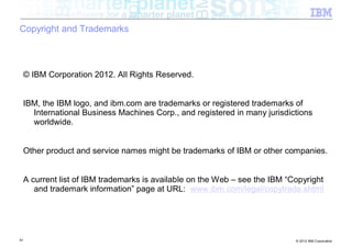 Copyright and Trademarks



 © IBM Corporation 2012. All Rights Reserved.


 IBM, the IBM logo, and ibm.com are trademarks or registered trademarks of
   International Business Machines Corp., and registered in many jurisdictions
   worldwide.


 Other product and service names might be trademarks of IBM or other companies.


 A current list of IBM trademarks is available on the Web – see the IBM “Copyright
    and trademark information” page at URL: www.ibm.com/legal/copytrade.shtml




91                                                                        © 2012 IBM Corporation
 