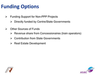 Funding Options
 Funding Support for Non-PPP Projects
 Directly funded by Centre/State Governments
 Other Sources of Funds
 Revenue share from Concessionaires (train operators)
 Contribution from State Governments
 Real Estate Development
 