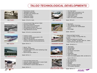  Revolutionary concept
 Lightweight construction
 Articulated union between cars
 Low floor coaches
 Independent wheels
 Aerodynamic design
Speed: 130 km/h in tests
 First commercial Talgo service in Spain
 Aluminium construction
 High comfort level for passengers
 Open gangway between cars
 On-board services and AC equipment
 Talgo Maintenance services
Speed: 120 km/h in comercial servicies
 Guidance system
 Automatic variable gauge system in ’69
 Night and day services
 Quality in manufacturing and maintenance
(more than 45 years of commercial service)
Speed: 200 km / h
 Natural Tilting
 Pneumatic suspension
 Increased speed to 30% while maintaining a high
level of comfort
 Munich test bench: 500km / h.
Speed: 220 km / h
 Push-Pull Diesel Intercity train
 Automatic variable gauge system in power heads
 Multiple possible configurations
 World Record in traction diesel 256 km / h
Speed: 220 km / h
 Very High Speed
 Lowest energy consumption in HS
 Lowest noise emissions in HS
 Lowest weight in HS
 Great interior space
 Best in the world in accessibility
Speed: 350 km/h
 High Speed
 100% Spanish Technology
 First locomotive with variable gauge
system
 Dual voltage
Speed : 260 km/h
 High Speed
 Interoperability
 Change width
 Low energy consumption
 Low noise
 Accessibility
 T250: Dual Voltage
 Hybrid: two diesel engines (1800, vel 220 km /h)
Speed: 250 km / h
 Low consumption
 High capacity 3+2
 Modularity
 Flexibility
 Use of recyclable materials
 TSI European Standards
Speed: 380 km / h
1942 TALGO I
1950 TALGO II
1968 TALGO III
1980 PENDULAR TRAIN
1998 TALGO XXI
2001 TALGO 350
TRAVCA
TALGO 250, 250 Hybrid
2012 NEW TALGO HIGH
SPEED PLATFORM “AVRIL”
PASSENGERS COACHES
 Seats and Night Couches
 Tourist, 1st Class, 1st Class PMR, Etc.,
Couches
 Bistro and Restaurant Couches
 Tourist , 1st Class, 1st Class PMR, Etc., Cabins
 Super Reclining Seats Couches
Speed: 160-220 km / h
TALGO TECHNOLOGICAL DEVELOPMENTS
 