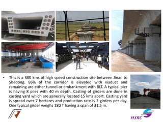 • This is a 380 kms of high speed construction site between Jinan to
Shedong. 86% of the corridor is elevated with viaduct and
remaining are either tunnel or embankment with BLT. A typical pier
is having 8 piles with 40 m depth. Casting of girders are done in
casting yard which are generally located 15 kms apart. Casting yard
is spread over 7 hectares and production rate is 2 girders per day.
One typical girder weighs 180 T having a span of 31.5 m.
 