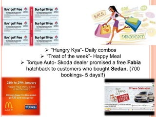  “Hungry Kya”- Daily combos
 “Treat of the week”- Happy Meal
 Torque Auto- Skoda dealer promised a free Fabia
hatchback to customers who bought Sedan. (700
bookings- 5 days!!)
 