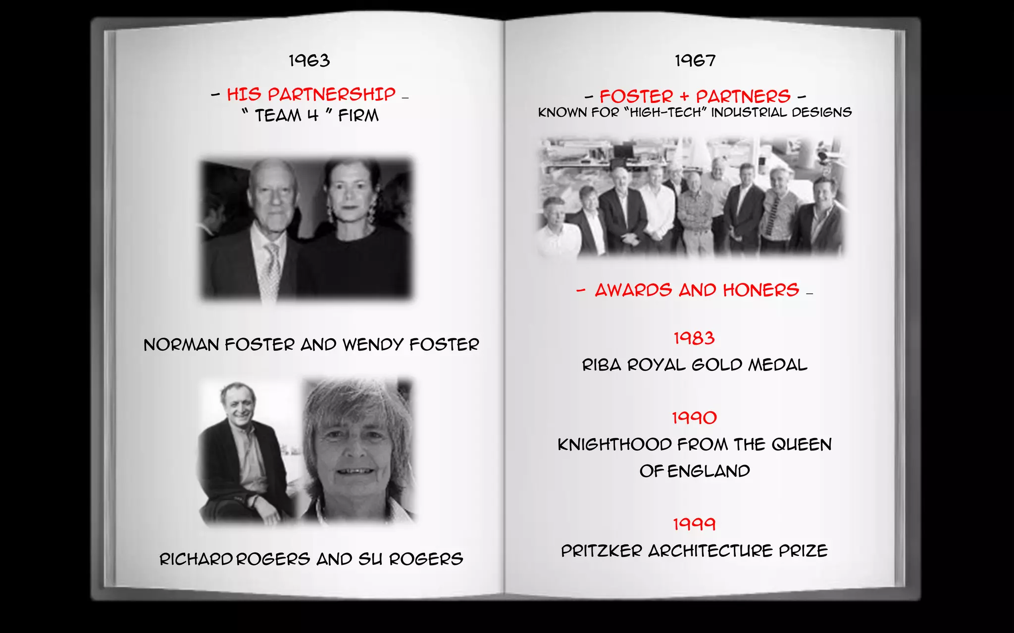 1963
- HIS PARTNERSHIP –
“ Team 4 ” firm
Richard Rogers and Su Rogers
Norman foster and Wendy foster
1967
- Foster + Partners -
known for “High-Tech” industrial designs
- AWARDS AND HONERS –
1983
Riba royal gold medal
1990
Knighthood from the queen
of England
1999
Pritzker architecture prize
 