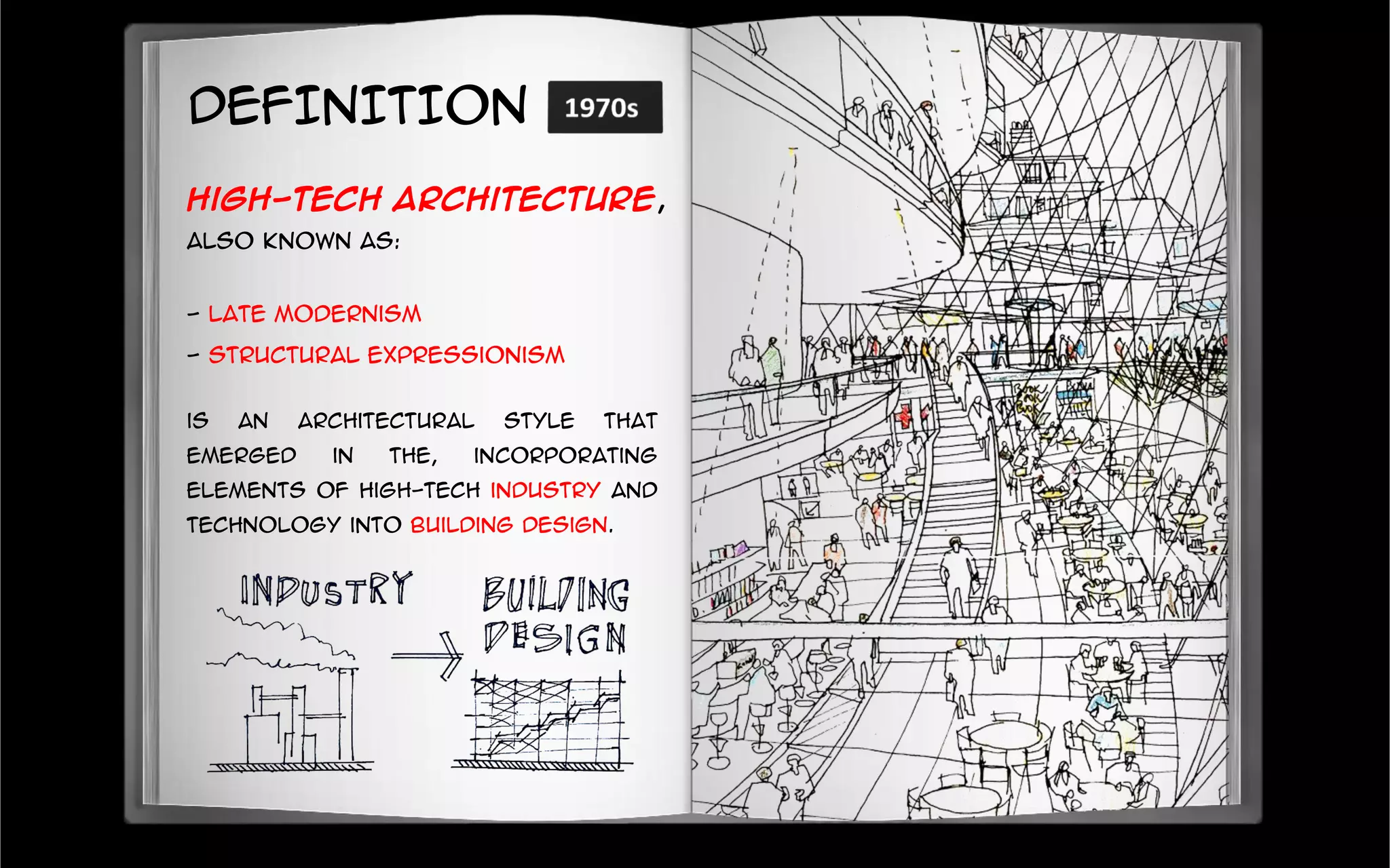 DEFINITION
High-tech architecture,
also known as:
- Late Modernism
- Structural Expressionism
is an architectural style that
emerged in the, incorporating
elements of high-tech industry and
technology into building design.
 