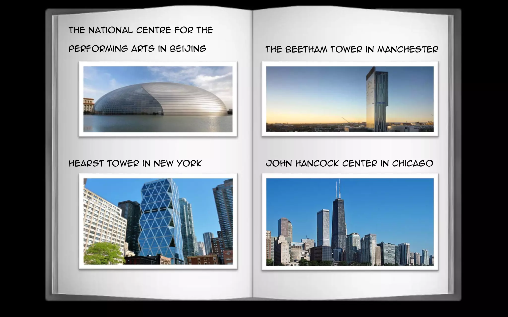 the National Centre for the
Performing Arts in Beijing
Hearst Tower in New York
the Beetham Tower in Manchester
John Hancock Center in Chicago
 