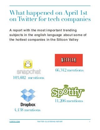 What happened on April 1st
on Twitter for tech companies
!
A report with the most important trending
subjects in the english language!about some of
the hottest companies in the Silicon Valley 
1TWITTER CLUSTERING REPORTVORTIO.COM
11,206 mentions
103,602 mentions
4,438 mentions
66,342 mentions
 