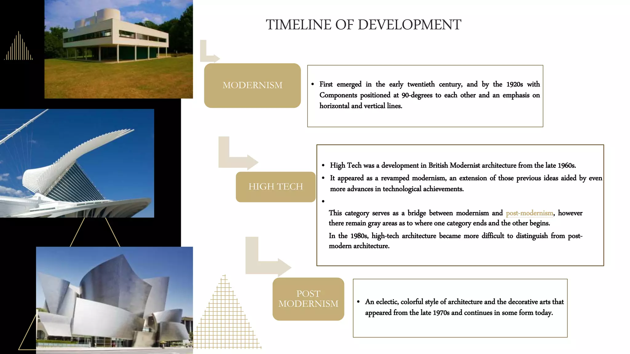 TIMELINE OF DEVELOPMENT
MODERNISM • First emerged in the early twentieth century, and by the 1920s with
Components positioned at 90-degrees to each other and an emphasis on
horizontal and vertical lines.
HIGH TECH
• High Tech was a development in British Modernist architecture from the late 1960s.
• It appeared as a revamped modernism, an extension of those previous ideas aided by even
more advances in technological achievements.
•
POST
MODERNISM • An eclectic, colorful style of architecture and the decorative arts that
appeared from the late 1970s and continues in some form today.
This category serves as a bridge between modernism and post-modernism, however
there remain gray areas as to where one category ends and the other begins.
In the 1980s, high-tech architecture became more difficult to distinguish from post-
modern architecture.
 