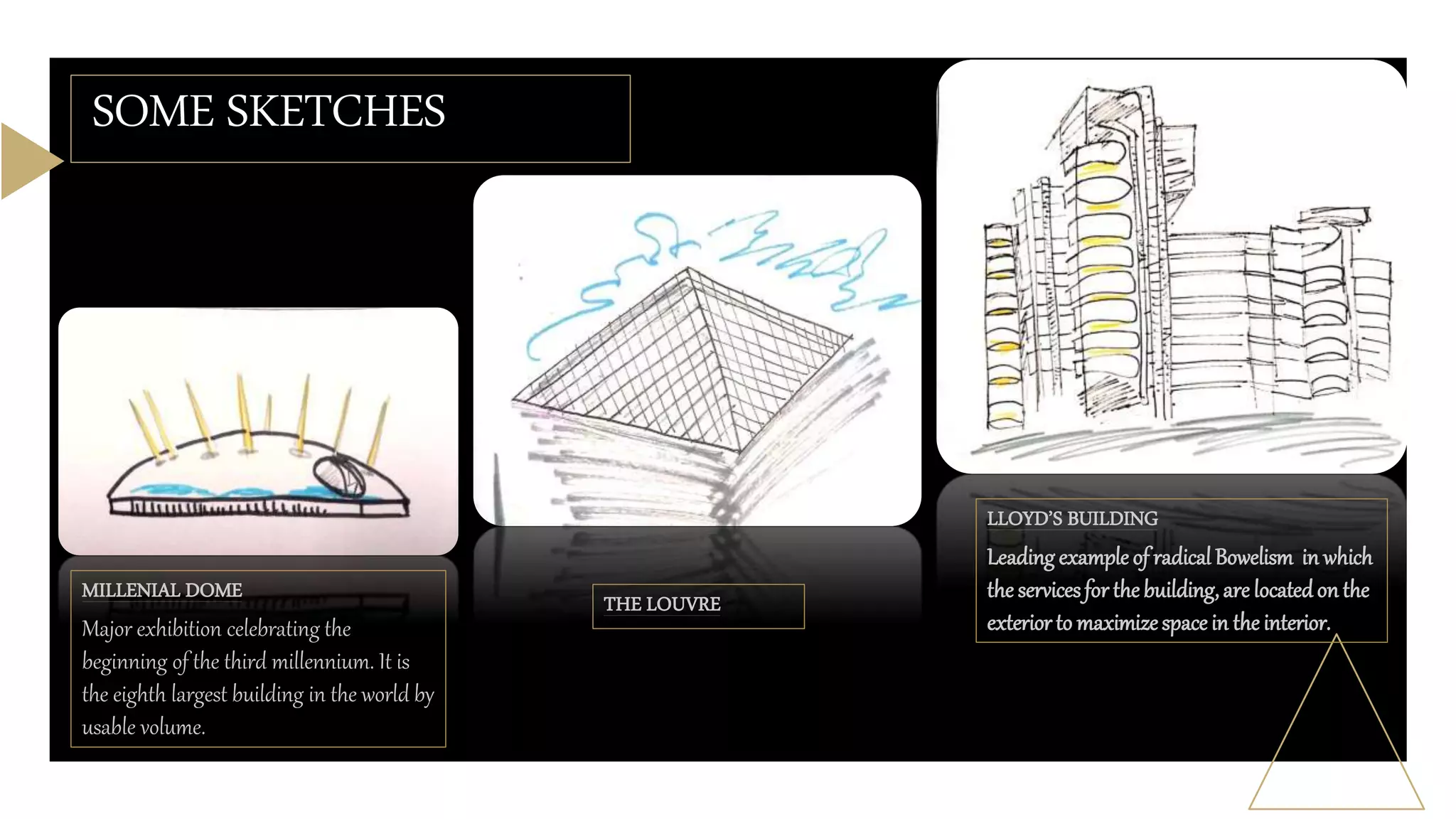 SOME SKETCHES
MILLENIAL DOME
Major exhibition celebrating the
beginning of the third millennium. It is
the eighth largest building in the world by
usable volume.
THE LOUVRE
LLOYD’S BUILDING
Leading example of radicalBowelism in which
the servicesfor thebuilding,are locatedon the
exterior to maximizespace in the interior.
 