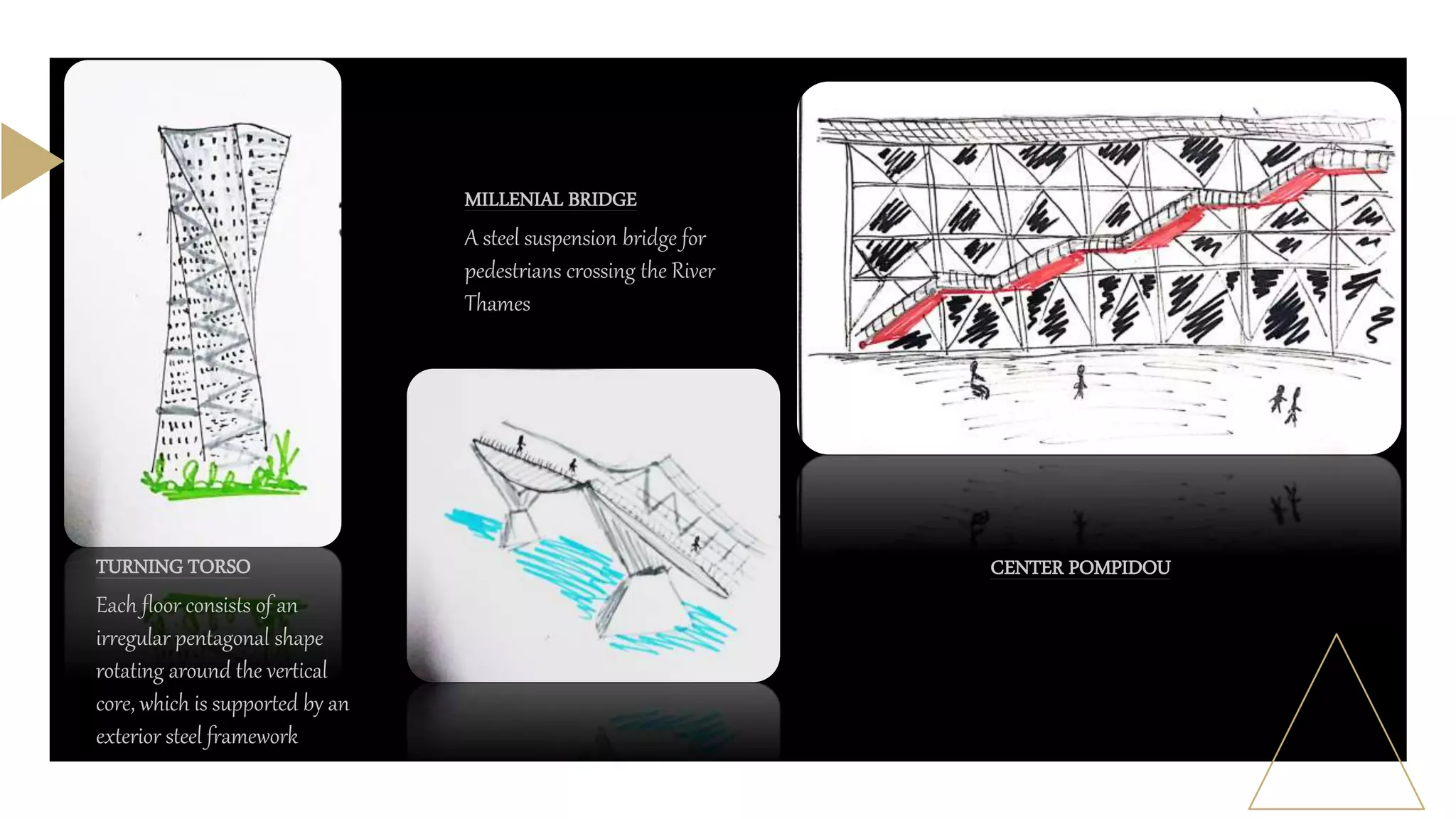 TURNING TORSO
Each floor consists of an
irregular pentagonal shape
rotating around the vertical
core, which is supported by an
exterior steel framework
MILLENIAL BRIDGE
A steel suspension bridge for
pedestrians crossing the River
Thames
CENTER POMPIDOU
 