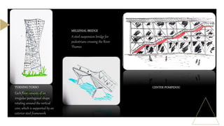 TURNING TORSO
Each floor consists of an
irregular pentagonal shape
rotating around the vertical
core, which is supported by an
exterior steel framework
MILLENIAL BRIDGE
A steel suspension bridge for
pedestrians crossing the River
Thames
CENTER POMPIDOU
 