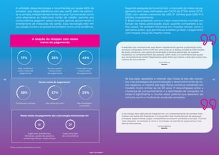 A utilidade dessa tecnologia é reconhecida por quase 60% da
amostra, que alega aderência com seu perfil, além de estimu-
lar a compra, independentemente do canal. Funcionando como
uma alternativa ao tradicional cartão de crédito, permite aos
consumidores pagarem pelas compras apenas aproximando o
smartphone de máquinas de cartão. Essa tecnologia está em
seu estágio inicial e se apresenta também como uma tendência.
Novos meios de pagamento:
Novos meios de pagamento são a tecnologia mencionada em
lugar para autosserviço,
farmácias, postos de gasolina,
outras lojas físicas e lojas virtuais
lugar para lojas
de conveniência
Não conhecem
novos meios de
pagamento
Nunca usaram
novos meios
de pagamento
Pretendem usar
novos meios
de pagamento
Combinam comigo São úteis pra mim Me empolgam
a comprar
49%
29%
35%
57%
17%
38%
1º 2º
Fonte: estudo quantitativo Croma.
A relação do shopper com novos
meios de pagamento
40
Segundo pesquisa da Euromonitor, o mercado de meios de pa-
gamento tem taxas estimadas em CAGR de 67,5% entre 2015-
2020, com valores crescendo de USD 31 bilhões para USD 413
bilhões mundialmente.
O Brasil está projetado como o maior crescimento mundial, em
função da baixa participação atual, quando comparado a ou-
tros países. Há também iniciativas em moedas virtuais, como o
aplicativo Zolkin, que permite ao brasileiro já fazer o pagamento
com moeda virtual do mesmo nome.
A explosão dos smartphones, que devem rapidamente ganhar a população toda,
tornará o comprador online e off-line uma coisa só. O acesso a todas as informações
de preço, produtos, com apoio de localização e serviços adicionais, vai acelerar
mudanças no comportamento das pessoas. Além disso, o e-commerce será quase
que exclusivamente móvel. Pagamentos serão feitos por celular e este será nossa nova
carteira de documentos.
A tecnologia bem aplicada irá impactar em um comportamento de compra mais
maduro por parte dos brasileiros. O consumidor terá muitas formas de pesquisar,
comparar, experimentar, pagar, compartilhar e consumir produtos e serviços. O ponto
mais relevante, na verdade, é como a tecnologia vai atender às expectativas mais
básicas das pessoas.
Murilo Boccia
Natura
Carolina Baracat
Spotify
Se big data, wearables e Internet das Coisas já não são concei-
tos, mas estratégias de personalização e desenvolvimento de no-
vos negócios, a maioria das lojas físicas continua utilizando um
modelo muito similar ao de 20 anos. O descompasso entre a
mudança de comportamento e a assimilação de inovações no
varejo é significativa, e, muitas vezes, práticas que deveriam ser
comuns, como o multicanal, ainda são conceitos.
41
High-Tech Retail®
 