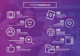 MACROTENDÊNCIAS
03VAREJOSELF-SERVICE
Foco no autoatendimento.
01EU,MOBILE
A mobilidade integradora
dos dois mundos.
10SHOPPER,SHOPPER,SHOPPER
Está na hora de conhecê-lo.
09
A reinvenção das operações.
08LÍDERESDEVAREJO
EDETECNOLOGIA
O varejista do futuro é high-tech.
NÃOÉSÓOFRONT-END
07SERVIMOSBEM
PARASERVIRSEMPRE
Sai o vendedor, entra o consultor.
04COMPARANDOECOMPRANDO
O poder inexplorado
dos buscadores.
06ALÉMDOPLÁSTICO
A revolução dos meios
de pagamento.
05QUEMEXPERIMENTA,COMPRA
A experiência virtual sedutora.
02AQUIEAGORA
A obrigação de ser útil e entreter.
03VAREJOSELF-SERVICE
Foco no autoatendimento.
01EU,MOBILE
A mobilidade integradora
dos dois mundos.
10SHOPPER,SHOPPER,SHOPPER
Está na hora de conhecê-lo.
09
A reinvenção das operações.
08LÍDERESDEVAREJO
EDETECNOLOGIA
O varejista do futuro é high-tech.
NÃOÉSÓOFRONT-END
07SERVIMOSBEM
PARASERVIRSEMPRE
Sai o vendedor, entra o consultor.
04COMPARANDOECOMPRANDO
O poder inexplorado
dos buscadores.
06ALÉMDOPLÁSTICO
A revolução dos meios
de pagamento.
05QUEMEXPERIMENTA,COMPRA
A experiência virtual sedutora.
02AQUIEAGORA
A obrigação de ser útil e entreter.
16 17
 