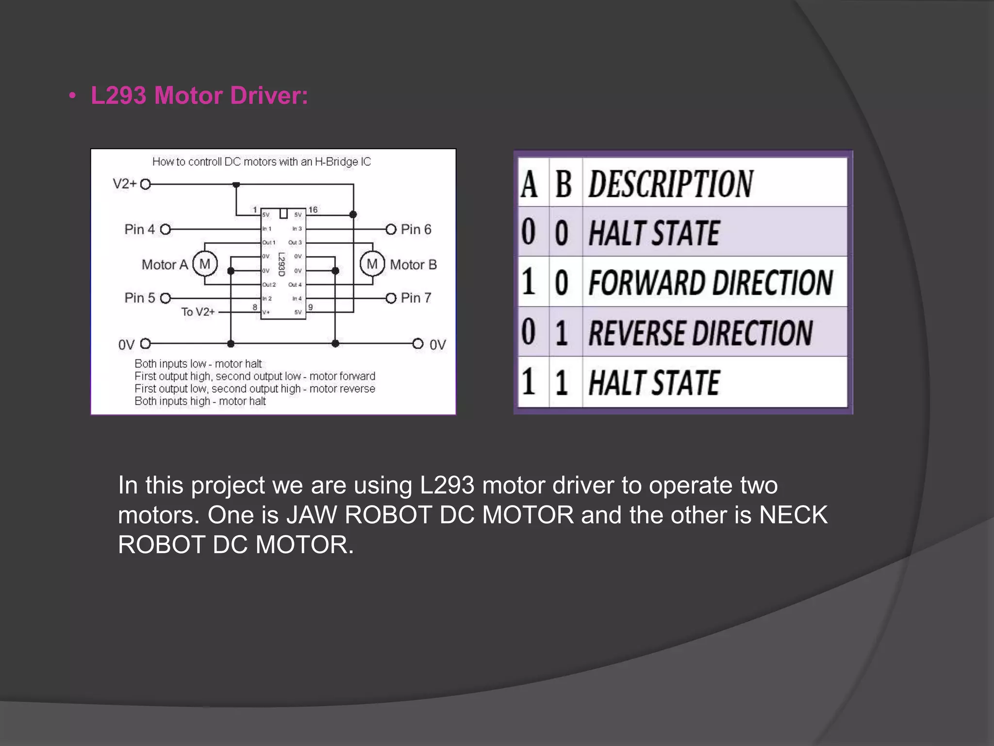 • L293 Motor Driver:
In this project we are using L293 motor driver to operate two
motors. One is JAW ROBOT DC MOTOR and the other is NECK
ROBOT DC MOTOR.
 