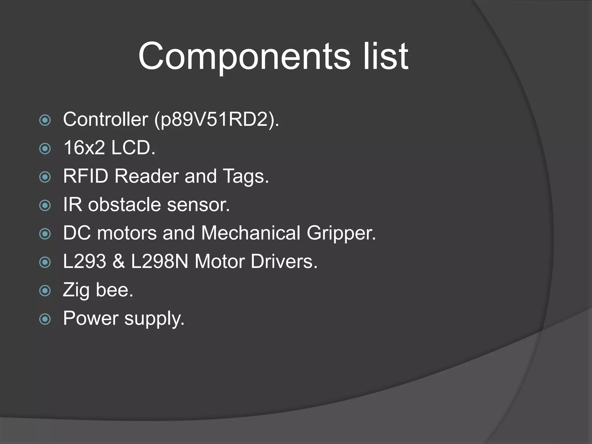 Components list
 Controller (p89V51RD2).
 16x2 LCD.
 RFID Reader and Tags.
 IR obstacle sensor.
 DC motors and Mechanical Gripper.
 L293 & L298N Motor Drivers.
 Zig bee.
 Power supply.
 