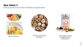 Bear Naked ®
First consumer brand to offer Chef Watson-inspired foods
IBM Chef Watson
Choose over 50 fresh
ingredients
Personalised Granola
(available through
subscription)
 