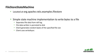17 © Hortonworks Inc. 2011–2018. All rights reserved
FileStoreStateMachine
• Located at org.apache.ratis.examples.filestore
• Simple state machine implementation to write bytes to a file
• Separates file data from raft log.
• File data written is persisted to disk
• Client generates random bytes of the specified file size
• Client uses writeAsync
 