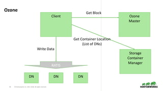 22 © Hortonworks Inc. 2011–2018. All rights reserved
Ozone
Client
DN DN DN
RATIS
Ozone
Master
Storage
Container
Manager
Get Block
Get Container Location
(List of DNs)
Write Data
 