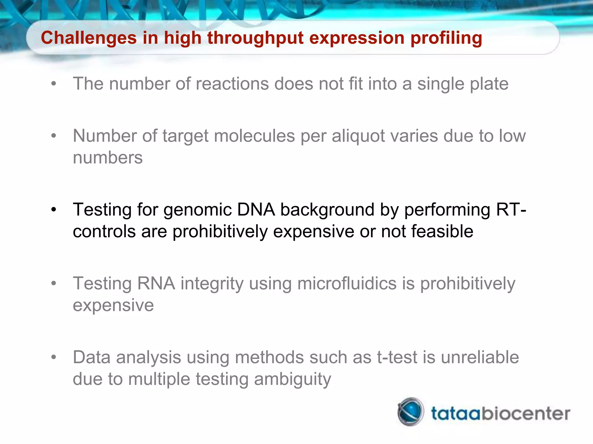 Challenges in high throughput expression profiling
• The number of reactions does not fit into a single plate
• Number of target molecules per aliquot varies due to low
numbers
• Testing for genomic DNA background by performing RT-
controls are prohibitively expensive or not feasible
• Testing RNA integrity using microfluidics is prohibitively
expensive
• Data analysis using methods such as t-test is unreliable
due to multiple testing ambiguity
 