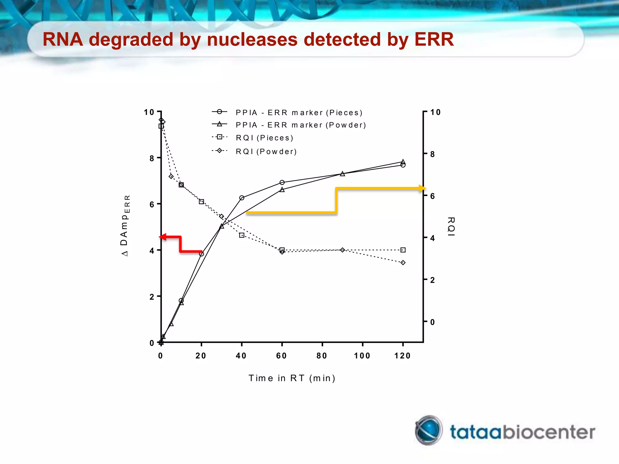 RNA degraded by nucleases detected by ERR
0 2 0 4 0 6 0 8 0 1 0 0 1 2 0
0
2
4
6
8
1 0
0
2
4
6
8
1 0
C
T im e in R T (m in )
DDAmpERR
RQI
R Q I (P ie c e s )
P P IA - E R R m a rk e r (P ie c e s )
R Q I (P o w d e r)
P P IA - E R R m a rk e r (P o w d e r)
 