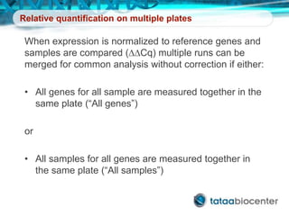 Relative quantification on multiple plates
When expression is normalized to reference genes and
samples are compared (DDCq) multiple runs can be
merged for common analysis without correction if either:
• All genes for all sample are measured together in the
same plate (“All genes”)
or
• All samples for all genes are measured together in
the same plate (“All samples”)
 
