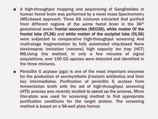 ■ A high-throughput mapping and sequencing of Gangliosides in
human foetal brain was performed by a novel mass Spectrometry
(MS)-based approach. Three GG mixtures extracted And purified
from different regions of the same foetal brain in the 36th
gestational week: frontal neocortex (NEO36), white matter Of the
frontal lobe (FL36) and white matter of the occipital lobe (OL36)
were subjected to comparative high-throughput screening And
multi-stage fragmentation by fully automated chip-based Nano
electrospray ionization (nanoesi) high capacity ion trap (HCT)
MS.Using this method, in only a few minutes of signal
acquisitions, over 100 GG species were detected and identified in
the three mixtures.
■ Penicillin G acylase (pga) is one of the most important enzymes
for the production of semisynthetic β-lactam antibiotics and their
key intermediates. Purification of penicillin G acylase from
fermentation broth with the aid of high-throughput screening
(HTS) process was recently studied to speed up the process. Micro
titer-plate was used for screening method to find appropriate
purification conditions for the target protein. The screening
method is based on a 96-well plate format.
 