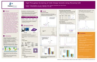 High-Throughput Screening of mAb Charge Variants Using Microchip-CZE
                                                                                   Authors: Tobias Wheeler, Lucy Sun, Rajendra Singh, Bahram Fathollahi and Hans Pirard
                                                                                   Caliper - A PerkinElmer Company, Alameda, CA, USA


                                                                                                                                                                                                                                                                                                                                                 Intermediate Assay Reproducibility                                        Relative areas of basic, main, and acidic variants
 1      Abstract                                            Conventional vs. Microfluidic Screening                                                                   4                Results                                                                                                                                                    Independently labeled a mAb five times; nine repeat
                                                                                                                                                                                                                                                                                                                                                                                                                            are consistent across all concentrations
                                                                                                                                                                                                                                                                                                                                                   injections in two chips on two instruments (n = 90)                     CVs : 1.7% (basic); 0.9% (main); 2.1% (acidic)
 We have developed an automated, high-throughput             High-throughput screening methods are required to                                                     Charge Variant Profiles
                                                              support process development (and, potentially,                                                                                                                                                                                                                                      Relative amount = 100(Peak Area / Total Area)
 microfluidic platform, the LabChip® GXII, that
                                                              quality control) for the production of mAbs                                                            Comparison of charge profile of mAb samples                                                                                                                                                                                                         SOFTWARE FEATURES
 performs multiple protein characterization assays.
                                                                                                                                                                      obtained with microchip-CZE to those obtained with                                                                                                                                 Chip 1 / Instr. 1 Chip 2 / Instr. 2    Total
 The current assays include (1) purity assessment            Typical analysis times of charge variant screening                                                      conventional CZE and iCE280 methods                                                                                                                                                                                                           P3     Label expected peaks
                                                                                                                                                                                                                                                                                                                                                  Peak       CV (%)            CV (%)          CV (%)
 by microchip CE-SDS, and (2) profiling of N-                 methods:                                                                                                                                                                                                                                                                             P1          2.1                2.2           2.5                        Exclude peaks from analysis
 glycans, both with an analysis time of < 60 s per                                                                              Microchip-
                                                                                  IEC/CEX             cIEF            CZE                                                                                                                                                                                                                          P2          3.2                4.1           3.7                        Determine relative amounts (%)
 sample. More recently, we have developed a third                                                                                  CZE                                                                                                      Microchip-CZE: 60 s                                                                                    P3          0.8                0.7           1.1                 P4
                                                                                  10 – 90 min                                                                                                                                                                                                                                                                                                                              Manual peak integration
 assay: a high-throughput, microchip-CZE method             Per Sample                                15 min       10-30 min        ~1 min                                                                                                                                                                                                                                                                     P2
                                                                                                                                                                                                                                         ~13X Faster Separation                                                                                    P4          2.9                2.6           3.2       P1

 for the characterization of mAb charge variants. In        Per 96-Well Plate     16-144 hrs          24 hrs        16-24 hrs       <2 hrs                                                                                                                                                                                                                                                                                 Export to Empower
                                                                                                                                                                                                                                                                                                                                                  Total coefficient of variance (CV) for relative amount
 this method, mAbs with 7 < pI < 9.5 are                                                                                                                                                                                                                                                                                                           of each peak is less than 4%
 fluorescently labeled while conserving net charge.          Traditional methods are unable to meet the demand
 This labeling is performed in a 96-well plate format         for analysis of 100s of samples in a reasonable                                                                                                                                                                                                                                    Limit of Detection
                                                              amount of time (< 8 hrs)
 that is amenable to automation. Labeled sample is                                                                                                                                                                           Acidic                                                                                                               Detect reliably down to ~1% of minimum
 then drawn into a microchip through a capillary                                                                                                                                                                                                                                                                                                   recommended sample concentration (1 mg/mL)
                                                                                                                                                                                                            Basic
 sipper and applied vacuum. Once in the microchip,                                                                                                                                       Free Dye

 the sample is electrokinetically injected and
                                                              3        Materials & Methods
 separated in a microchannel that is dynamically
 coated to suppress electroosmotic flow. Sufficient          Instrument: LabChip GXII
 resolution of charge variants is achieved in < 68 s
                                                                                                                                                             0.45




                                                                                                                                                                                                                                                                                Main Isoform - 8.810
                                                                                                                                                             0.40         iCE280
                                                                                                                                                                          mAb 4
 and the labeling and analysis of 96 samples
                                                                                                                                                             0.35
 requires < 2 hours. This poster (1) describes the
                                                                                                                                                             0.30
 separation method and the sample workflow, and                                                                                                                                                                                                                                                                                                                                                    Cs = 1.6mg/mL
                                                                                                                                                             0.25
 (2) demonstrates the resolution, speed, sensitivity,




                                                                                                                                                Absorbance
                                                                                                                                                                                  Analysis Time:
                                                                                                                                                                                                                                                                                                                                                                                                   C = 1.26% Cs
                                                                                                                                                             0.20                 ~15 min
 reproducibility, and ease-of-use of the method, for                                                                                                                                                                                                     Acidic
                                                                                                                                                                                                                                                                                                                                9.50 pI
                                                                                                                                                                                                                                                                                                                                                                                                   C = 0.41% Cs
                                                                                                                                                             0.15
 the high-throughput screening of mAb charge




                                                                                                                                                                                                                                                                       8.712
                                                                           LabChip GXII                                 Microchip                                                                                                                                                                      Basic
                                                                                                                                                                                                                                                                                                                                                                                                                         5
                                                                                                                                                                      6.14 pI

 variants.
                                                                                                                                                             0.10

                                                                                                                                                                                                                                                                                                                                                                                                                               Conclusions




                                                                                                                                                                                                                                                                                                       8.948
                                                                                                                                                                                                                                                               8.585




                                                                                                                                                                                                                                                                                                               9.044
                                                             Sample sipped from 96-well plate
                                                                                                                                                             0.05




                                                                                                                                                                                                                                                                                                                                                                                                                         Developed a high-throughput microchip-CZE
                                                                                                                                                             0.00
                                                             Washing/conditioning between samples not required
                                                                                                                                                               6.00    6.20     6.40   6.60   6.80   7.00    7.20   7.40   7.60   7.80   8.00   8.20    8.40   8.60            8.80                      9.00          9.20   9.40   9.60
                                                                                                                                                                                                                                                                                                                                                 Variation in Relative Amounts
  2     Introduction                                         Labeling reaction: 10 min at room temperature
                                                                                                                                                                                                                                   pI
                                                                                                                                                                                                                                                                                                                                                  10, 5, 2, and 1 mg/mL of mAb                                          assay for profiling the charge variants of
                                                             Input concentration: 2 mg/ml is optimal, 0.5-10 mg/mL is                                                                                                                                                                                                                                                                                                   therapeutic mAbs
                                                              allowed                                                                                                       Conventional CZE: 15 min
 Charge variants screening: Key assay for the
  evaluation of therapeutic mAb production                                                                                                                                      (capillary wash between                                                                                                                                                                                                                  Key features of the assay:
                                                                                                                                                                                samples is not factored into
  processes, at various stages of development
                                                             Workflow:                                                                                                         time)
 Anticipated applicability in: (1) Clone selection, (2)                                                                                                                                                                                                                                                                                                                                                                    Speed: < 2 hrs / 96 samples (includes
  Cell culture optimization, (3) Purification                1) Sample Labeling:                                                                                                                                                                       Acidic                                                                                                                                                                sample preparation)
  optimization, (4) BioProcess scale-up, (5)
                                                                                                                                                                                                                                  Basic
  Formulation optimization, (6) Manufacturing                                   5 µL
                                                                                           Dye Mixture: 5 µL                                                                                                                                                                                                                                                                                                                Resolution: comparable to or better than
                                                                                                                 5 µL
  optimization                                                25 µL
                                                                                Labeling
                                                                                           Dye + 145 µL
                                                                                                                 Dye Mixture                                                                                                                                                                                                                                                                                                 conventional CZE
                                                              Sample                       DMF
                                                                                Buffer                                              60 µL H2O
 Charge variant profile can be obtained using
  capillary zone electrophoresis (CZE) – separation                                                                                                                                                                                                                                                                                                                                                                         Reproducibility: %CV ~1 % for main peak
  based primarily on charge (no sieving matrix):
                                                                                                                                                                                                                                                                                                                                                                                                                             and < 4% for variant peaks
                                                           96-well plate                                        ∆t = 10 min.
                                                                                                Enough for 24
                                                                                                samples
                                                                                                                  T = Troom
                                                                                                                                                                                                                                                                                                                                                  Shape of profile is maintained across all                                Sensitivity: detection down to 1% of
                                                                                                                                                                                                                                                                                                                                                   concentrations                                                            minimum input
                                                              2) Chip Prep:

                                                               Mix the pH 5.9 and pH 7.4 Running                                                                                                                                                                                                                                                                                                                           Automatability: 96-well plate format
                                                                Buffers to the desired pH for optimal
                                                                resolution
                                                               Add 75 µL of the Running Buffer
                                                                                                                                                                                                                                                                                                                                                                                                                            Assay launch: July 23, 2012
                                                                mixture to wells 3, 4, 7, 8, & 10 of the
                                                                Chip
 Charge variants with low pI (Acidic variants)
                                                               Add 750 µL of the Running Buffer to
  migrate slower than variants with high pI (Basic
                                                                Buffer Tube
  variants)
 Dynamic coating is used to suppress electro-                3) Run Assay:
  osmotic flow within microchannel, to improve                                                                                                                                                                                                                                                                                                                                                                           ACKNOWLEDGEMENTS
                                                                                                                                                               Microchip-CZE achieves similar resolution between                                                                                                                                                                                                        We thank Dr. Yan He and Dr. Nathan Lacher for
  separation of charge variants                                             Place chip, plate, and buffer tube in instrument
                                                                            and run assay                                                                       charge variants and reduces analysis time to ~1                                                                                                                                                                                                          providing mAb samples and feedback
                                                                                                                                                                minute per sample


                                                                                                                                                                                                                                                                                                                                            PerkinElmer, Inc., 940 Winter Street, Waltham, MA USA (800) 762-4000 or (+1) 203 925-4602 www.perkinelmer.com
 