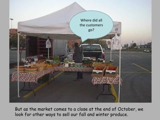 But as the market comes to a close at the end of October, we look for other ways to sell our fall and winter produce. Where did all the customers go? 