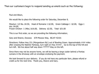 Paul and Alison,   We would like to place the following order for Saturday, December 8.   Mesclun-   1/2 lbs. $4.50,     Head of Romaine   1   $2.00,     Green Cabbage   1    $2.00,       Eggs   1 doz.   $4.00,  Frozen Chicken    1   (4lbs.)   $16.00,     Delivery    $2.50,     Total    $31.00   This is our first order, so we are providing the following information;   Gary and Sharon, Dxxxxxx      679 Mxxxxx Way,    BG.KY 42101   Directions: Follow Hwy 231 (Morgantown Rd.) out of Bowling Green. Approximately ### miles after crossing the Natcher Parkway, turn right on Hwy #### .    Go to the top of the hill and turn left.    We live about half way down ??????? Way on the left.     Since there   may not be anyone home, we will be leaving a large cooler behind a Pontiac Lemans in the driveway with an envelope enclosing the payment.   We look forward to your delivery.    If you do not have any particular item, please   refund or credit us   for the next time.    Thank you, Sharon and Gary. Then our customers begin to respond sending us emails such as the following: 