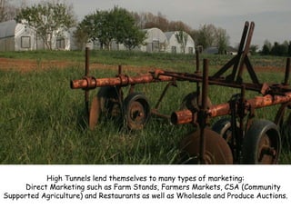 High Tunnels lend themselves to many types of marketing: Direct Marketing such as Farm Stands, Farmers Markets, CSA (Community Supported Agriculture) and Restaurants as well as Wholesale and Produce Auctions. 