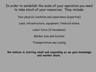In order to establish the scale of your operation you need to take stock of your resources.  They include: Your physical condition and experience (expertise) Land, infrastructure, equipment, financial status Labor force (if necessary) Market size and location Transportation and cooling We believe in starting small and expanding as we gain knowledge and market share. 