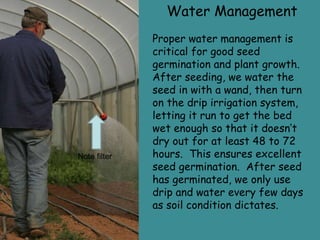 Water Management Proper water management is critical for good seed germination and plant growth.  After seeding, we water the seed in with a wand, then turn on the drip irrigation system, letting it run to get the bed wet enough so that it doesn’t dry out for at least 48 to 72 hours.  This ensures excellent seed germination.  After seed has germinated, we only use drip and water every few days as soil condition dictates. Note filter  