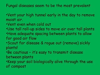 Fungal diseases seem to be the most prevalent Vent your high tunnel early in the day to remove moist air. Vent even when cold out Use tall roll-up sides to move air over tall plants Have adequate spacing between plants to allow for good air flow Scout for disease & rogue out (remove) sickly plants! Be cautious – it’s easy to transmit disease between plants Keep your soil biologically alive through the use of compost 