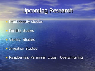 Upcoming Research
• Plant density studies

• Fertility studies

• Variety Studies

• Irrigation Studies

• Raspberries, Perennial crops , Overwintering
 