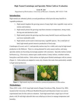 High Tunnel Cantaloupe and Specialty Melon Cultivar Evaluation
Lewis W. Jett
Department of Horticulture, University of Missouri, Columbia, MO 65211-7140.
Introduction:
High tunnels are unheated, plastic-covered greenhouses which provide many benefits to
vegetable producers:
1. High tunnels lengthen the growing season of many high value vegetable crops such as
melons and tomatoes.
2. High tunnels protect the growing crop from extremes in temperature, strong winds,
driving rain and destructive hail.
3. High tunnels protect the growing crop from many harmful insects and diseases that
can lower marketable yield.
4. High tunnels can be used to intercrop many vegetable species. On a small plot of
land, high tunnels permit intensive production of food crops.
Cantaloupes (Cucumis melo L.) and specialty melons may be a viable cash crop for high tunnel
production in the Midwest. There is a strong demand for early-season melons, and many
specialty melons are becoming increasingly popular with consumers. Specialty melons include
heirlooms (e.g., Charentais), ananas-types casaba melons, Canary melons, crenshaw melons,
honeydews and Galia melons. Galia melons are light-green-fleshed cantaloupes with no sutures
(Figure 1). Galia melons are adapted to warm, dry climates that make them particularly suitable
to high tunnel production.
Figure 1. High tunnels may be well-suited for commercial production of Galia melons.
Methodology:
Three (20 ft. wide x 34 ft. long) high tunnels (Stuppy Greenhouse Mfg., Kansas City, MO)
located at the University of Missouri Bradford Research and Education Center was used as
experimental units for this cultivar evaluation. Each high tunnel had a single layer of 6 mil
plastic with 38 inch-high sidewalls that were rolled-up (or down) to manage temperature and
humidity.
 