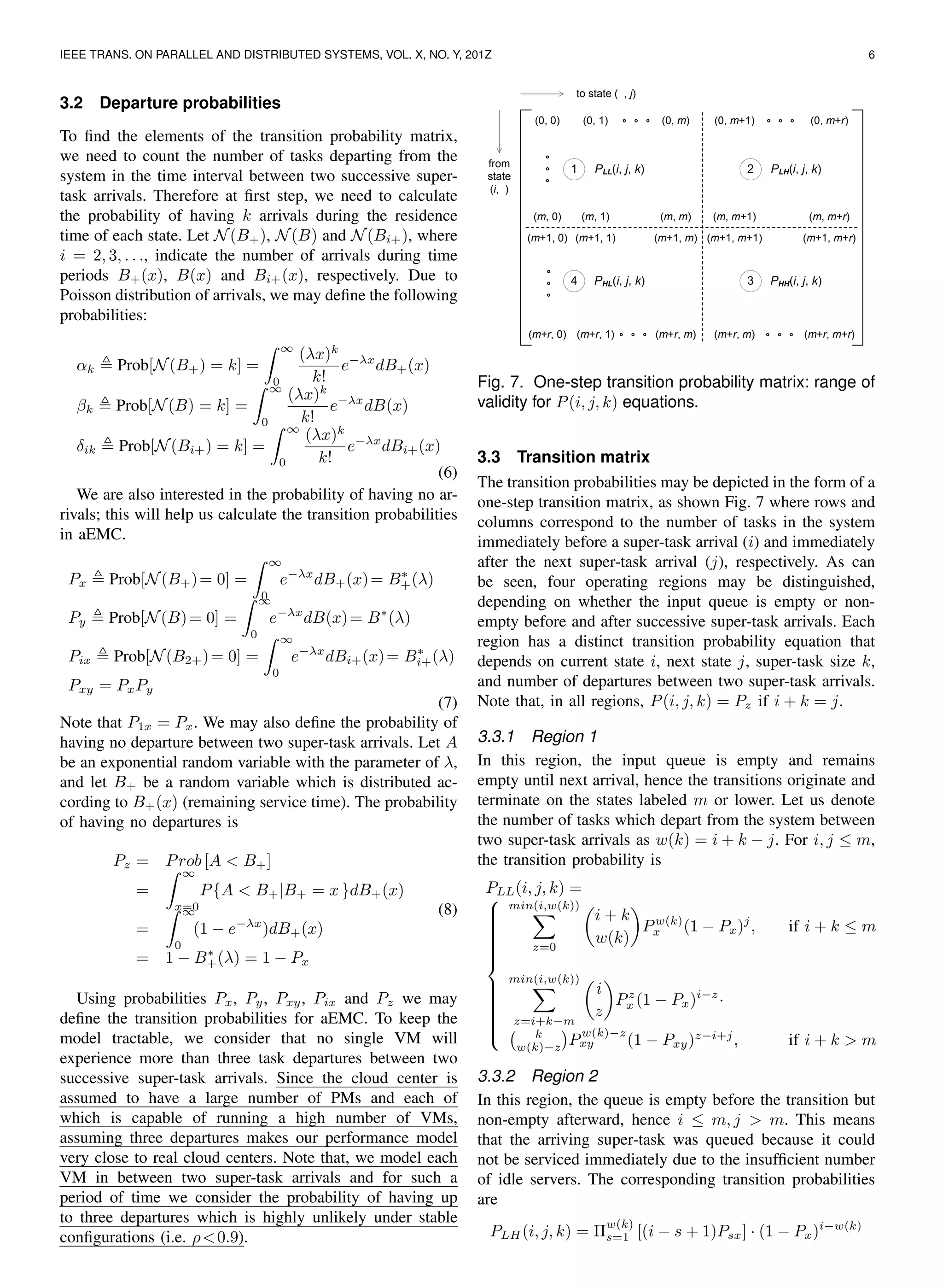 IEEE TRANS. ON PARALLEL AND DISTRIBUTED SYSTEMS, VOL. X, NO. Y, 201Z 6
3.2 Departure probabilities
To ﬁnd the elements of the transition probability matrix,
we need to count the number of tasks departing from the
system in the time interval between two successive super-
task arrivals. Therefore at ﬁrst step, we need to calculate
the probability of having k arrivals during the residence
time of each state. Let N(B+), N(B) and N(Bi+), where
i = 2, 3, . . ., indicate the number of arrivals during time
periods B+(x), B(x) and Bi+(x), respectively. Due to
Poisson distribution of arrivals, we may deﬁne the following
probabilities:
αk Prob[N(B+) = k] =
∞
0
(λx)k
k!
e−λx
dB+(x)
βk Prob[N(B) = k] =
∞
0
(λx)k
k!
e−λx
dB(x)
δik Prob[N(Bi+) = k] =
∞
0
(λx)k
k!
e−λx
dBi+(x)
(6)
We are also interested in the probability of having no ar-
rivals; this will help us calculate the transition probabilities
in aEMC.
Px Prob[N(B+)= 0] =
∞
0
e−λx
dB+(x)= B∗
+(λ)
Py Prob[N(B)= 0] =
∞
0
e−λx
dB(x)= B∗
(λ)
Pix Prob[N(B2+)= 0] =
∞
0
e−λx
dBi+(x)= B∗
i+(λ)
Pxy = PxPy
(7)
Note that P1x = Px. We may also deﬁne the probability of
having no departure between two super-task arrivals. Let A
be an exponential random variable with the parameter of λ,
and let B+ be a random variable which is distributed ac-
cording to B+(x) (remaining service time). The probability
of having no departures is
Pz = Prob [A < B+]
=
∞
x=0
P{A < B+|B+ = x }dB+(x)
=
∞
0
(1 − e−λx
)dB+(x)
= 1 − B∗
+(λ) = 1 − Px
(8)
Using probabilities Px, Py, Pxy, Pix and Pz we may
deﬁne the transition probabilities for aEMC. To keep the
model tractable, we consider that no single VM will
experience more than three task departures between two
successive super-task arrivals. Since the cloud center is
assumed to have a large number of PMs and each of
which is capable of running a high number of VMs,
assuming three departures makes our performance model
very close to real cloud centers. Note that, we model each
VM in between two super-task arrivals and for such a
period of time we consider the probability of having up
to three departures which is highly unlikely under stable
conﬁgurations (i.e. ρ<0.9).
(0, 0)
(m, 0)
(m+1, 0)
(m+r, 0)
from
state
(i, )
to state ( , j)
(0, 1)
(m, 1)
(m+1, 1)
(m+r, 1)
(0, m)
(m, m)
(m+1, m)
(m+r, m)
(0, m+1)
(m, m+1)
(m+1, m+1)
(m+r, m)
(0, m+r)
(m, m+r)
(m+1, m+r)
(m+r, m+r)
1 2
34
PLL(i, j, k) PLH(i, j, k)
PHH(i, j, k)PHL(i, j, k)
Fig. 7. One-step transition probability matrix: range of
validity for P(i, j, k) equations.
3.3 Transition matrix
The transition probabilities may be depicted in the form of a
one-step transition matrix, as shown Fig. 7 where rows and
columns correspond to the number of tasks in the system
immediately before a super-task arrival (i) and immediately
after the next super-task arrival (j), respectively. As can
be seen, four operating regions may be distinguished,
depending on whether the input queue is empty or non-
empty before and after successive super-task arrivals. Each
region has a distinct transition probability equation that
depends on current state i, next state j, super-task size k,
and number of departures between two super-task arrivals.
Note that, in all regions, P(i, j, k) = Pz if i + k = j.
3.3.1 Region 1
In this region, the input queue is empty and remains
empty until next arrival, hence the transitions originate and
terminate on the states labeled m or lower. Let us denote
the number of tasks which depart from the system between
two super-task arrivals as w(k) = i + k − j. For i, j ≤ m,
the transition probability is
PLL(i, j, k) =



min(i,w(k))
z=0
i + k
w(k)
Pw(k)
x (1 − Px)j
, if i + k ≤ m
min(i,w(k))
z=i+k−m
i
z
Pz
x (1 − Px)i−z
·
k
w(k)−z P
w(k)−z
xy (1 − Pxy)z−i+j
, if i + k > m
3.3.2 Region 2
In this region, the queue is empty before the transition but
non-empty afterward, hence i ≤ m, j > m. This means
that the arriving super-task was queued because it could
not be serviced immediately due to the insufﬁcient number
of idle servers. The corresponding transition probabilities
are
PLH(i, j, k) = Π
w(k)
s=1 [(i − s + 1)Psx] · (1 − Px)i−w(k)
 