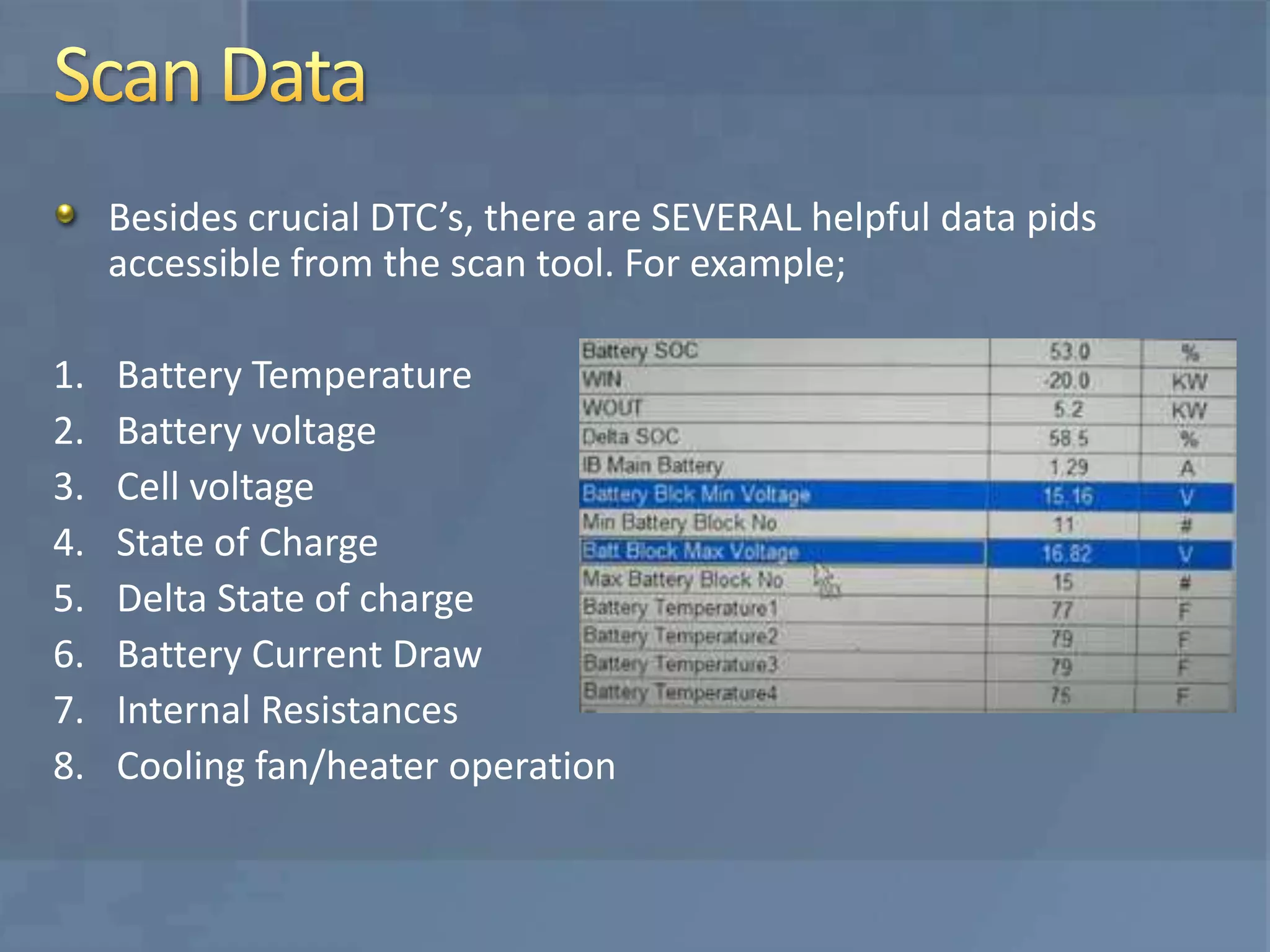 Besides crucial DTC’s, there are SEVERAL helpful data pids
accessible from the scan tool. For example;
1. Battery Temperature
2. Battery voltage
3. Cell voltage
4. State of Charge
5. Delta State of charge
6. Battery Current Draw
7. Internal Resistances
8. Cooling fan/heater operation
 