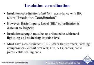 Insulation co-ordination 
• Insulation coordination shall be in accordance with IEC 
60071 “Insulation Coordination” 
• However, Basic Impulse Level (BIL) co-ordination is 
difficult to inspect 
• Insulation strength must be co-ordinated to withstand 
lightning and switching impulse level 
• Must have a co-ordinated BIL - Power transformers, earthing 
compensators, circuit breakers, CTs, VTs, cables, cable 
joints, cable sealing ends 
www.idc-online.com/slideshare TTeecchhnnoollooggyy TTrraaiinniinngg tthhaatt Wwoorrkkss 
 