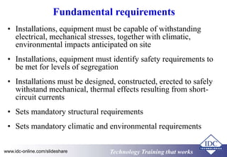 Fundamental requirements 
• Installations, equipment must be capable of withstanding 
electrical, mechanical stresses, together with climatic, 
environmental impacts anticipated on site 
• Installations, equipment must identify safety requirements to 
be met for levels of segregation 
• Installations must be designed, constructed, erected to safely 
withstand mechanical, thermal effects resulting from short-circuit 
currents 
• Sets mandatory structural requirements 
• Sets mandatory climatic and environmental requirements 
www.idc-online.com/slideshare TTeecchhnnoollooggyy TTrraaiinniinngg tthhaatt Wwoorrkkss 
 