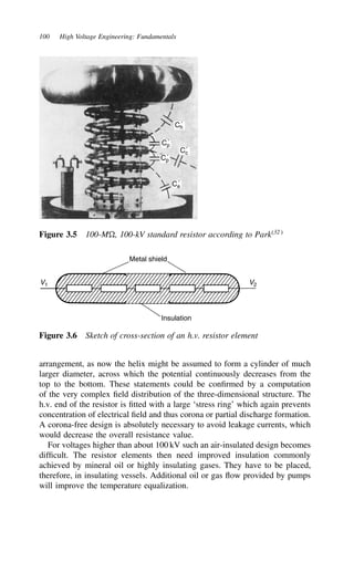 100 High Voltage Engineering: Fundamentals
Ch
′
Cp
′
Cp
′
Cc
′
Ce
′
Figure 3.5 100-M , 100-kV standard resistor according to Park32
Metal shield
Insulation
V2
V1
Figure 3.6 Sketch of cross-section of an h.v. resistor element
arrangement, as now the helix might be assumed to form a cylinder of much
larger diameter, across which the potential continuously decreases from the
top to the bottom. These statements could be confirmed by a computation
of the very complex field distribution of the three-dimensional structure. The
h.v. end of the resistor is fitted with a large ‘stress ring’ which again prevents
concentration of electrical field and thus corona or partial discharge formation.
A corona-free design is absolutely necessary to avoid leakage currents, which
would decrease the overall resistance value.
For voltages higher than about 100 kV such an air-insulated design becomes
difficult. The resistor elements then need improved insulation commonly
achieved by mineral oil or highly insulating gases. They have to be placed,
therefore, in insulating vessels. Additional oil or gas flow provided by pumps
will improve the temperature equalization.
 