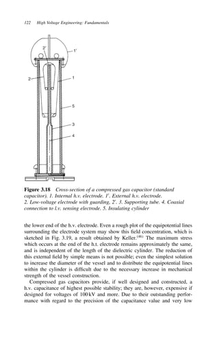 122 High Voltage Engineering: Fundamentals
4
3
5
1
1′
2′
2
Figure 3.18 Cross-section of a compressed gas capacitor (standard
capacitor). 1. Internal h.v. electrode. 10
. External h.v. electrode.
2. Low-voltage electrode with guarding, 20
. 3. Supporting tube. 4. Coaxial
connection to l.v. sensing electrode. 5. Insulating cylinder
the lower end of the h.v. electrode. Even a rough plot of the equipotential lines
surrounding the electrode system may show this field concentration, which is
sketched in Fig. 3.19, a result obtained by Keller.46
The maximum stress
which occurs at the end of the h.t. electrode remains approximately the same,
and is independent of the length of the dielectric cylinder. The reduction of
this external field by simple means is not possible; even the simplest solution
to increase the diameter of the vessel and to distribute the equipotential lines
within the cylinder is difficult due to the necessary increase in mechanical
strength of the vessel construction.
Compressed gas capacitors provide, if well designed and constructed, a
h.v. capacitance of highest possible stability; they are, however, expensive if
designed for voltages of 100 kV and more. Due to their outstanding perfor-
mance with regard to the precision of the capacitance value and very low
 