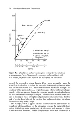 204 High Voltage Engineering: Fundamentals
0 10 25 50
0
0
100
200
300
20 40 60 80 100
100 250 500 ∞
Breakdown, neg. pol.
Breakdown, pos. pol.
Corona - inception,
pos. polarity
Pos. d.c.
Neg. d.c.
Neg. + pos. pol.
Eqn (4.2)
266 kV
η (%)
D (mm)
Voltage
(kV)
Figure 4.2 Breakdown and corona inception voltage for the electrode
arrangement of Fig. 4.1 in atmospheric air (normal conditions) with
d D 10 cm, for positive and negative d.c. voltage ( see eqn (4.1))
strength Eb upon rod or sphere diameter D or – more accurately – upon the
actual field distribution. In reality, the lowest breakdown voltage is not reached
with the smallest values of . Below the minimum breakdown voltages, the
sparkover of the gap is influenced by predischarges, which, for lower voltages,
partially bridge the gap and thus produce charged particles, completely altering
the field distribution due to space charges. Computation of the breakdown volt-
ages in this region based upon physical parameters only is inaccurate due to a
lack of precise knowledge of the physical data and complications introduced
due to the moving space charge.
This example, which is typical for most insulation media, demonstrates the
complexity of the problems, i.e. the interaction between the static field distri-
bution, field changes due to discharge development, and parameters related
to the insulation materials. Further complications arise from differences in
 