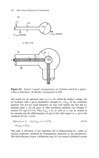 212 High Voltage Engineering: Fundamentals
E max (cylinder)
E max (sphere)
2r1
r1 r2
2 R1
R1
R2
V
V
(a)
(b)
r2, R2 r1;R2
Figure 4.5 Typical ‘coaxial’ arrangements. (a) Cylinder ended by a sphere
within a laboratory. (b) Busbar arrangement in GIS
and search for an optimum ratio r2/r1, for which the highest voltage can
be insulated with a given breakdown strength Eb D Emax of the insulation
material. For not too small diameters we may well neglect the fact that Eb
depends upon r1 for all gases or other insulation materials (see Chapter 5,
section 5.9, eqn (5.111)). Thus Emax D Eb as well as r2 can be treated to
be constant and the differentiation of eqn (4.16) with respect to r1 gives the
condition dV/dr D 0 for
lnr2/r1 D 1; r2/r1opt D e ³ 2.72; 4.17
Vbopt D Ebr1.
This ratio is obviously a very important one in dimensioning h.v. cables or
coaxial conductors insulated by homogeneous materials of any permittivity.
The field efficiency factor  defined by eqn (4.1) in coaxial cylindrical system
 