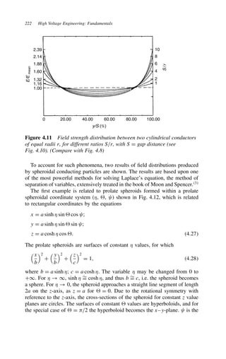 222 High Voltage Engineering: Fundamentals
0 20.00 40.00 60.00 80.00 100.00
y/S (%)
1.00
1.16
1.32
1.60
1.88
2.14
2.39
E/E
mean
1
2
4
6
8
10
S
/
r
Figure 4.11 Field strength distribution between two cylindrical conductors
of equal radii r, for different ratios S/r, with S D gap distance (see
Fig. 4.10). (Compare with Fig. 4.8)
To account for such phenomena, two results of field distributions produced
by spheroidal conducting particles are shown. The results are based upon one
of the most powerful methods for solving Laplace’s equation, the method of
separation of variables, extensively treated in the book of Moon and Spencer.3
The first example is related to prolate spheroids formed within a prolate
spheroidal coordinate system (, , ) shown in Fig. 4.12, which is related
to rectangular coordinates by the equations
x D a sinh  sin  cos ;
y D a sinh  sin  sin ;
z D a cosh  cos . 4.27
The prolate spheroids are surfaces of constant  values, for which
x
b
2
C
y
b
2
C
z
c
2
D 1, 4.28
where b D a sinh ; c D a cosh . The variable  may be changed from 0 to
C1. For  ! 1, sinh  ¾
D cosh , and thus b ¾
D c, i.e. the spheroid becomes
a sphere. For  ! 0, the spheroid approaches a straight line segment of length
2a on the z-axis, as z D a for  D 0. Due to the rotational symmetry with
reference to the z-axis, the cross-sections of the spheroid for constant z value
planes are circles. The surfaces of constant  values are hyperboloids, and for
the special case of  D /2 the hyperboloid becomes the x–y-plane. is the
 
