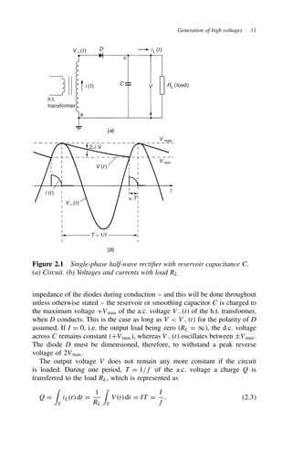 Generation of high voltages 11
(a)
(b)
V~(t)
V~(t)
V (t)
t
a.T
V max
V min
D
C
h.t.
transformer
V
c
2.d V
a
iL (t)
RL (load)
i (t)
i (t)
T = 1/f
Figure 2.1 Single-phase half-wave rectifier with reservoir capacitance C.
(a) Circuit. (b) Voltages and currents with load RL
impedance of the diodes during conduction – and this will be done throughout
unless otherwise stated – the reservoir or smoothing capacitor C is charged to
the maximum voltage CVmax of the a.c. voltage V¾t of the h.t. transformer,
when D conducts. This is the case as long as V  V¾t for the polarity of D
assumed. If I D 0, i.e. the output load being zero RL D 1, the d.c. voltage
across C remains constant CVmax, whereas V¾t oscillates between šVmax.
The diode D must be dimensioned, therefore, to withstand a peak reverse
voltage of 2Vmax.
The output voltage V does not remain any more constant if the circuit
is loaded. During one period, T D 1/f of the a.c. voltage a charge Q is
transferred to the load RL, which is represented as
Q D

T
iLt dt D
1
RL

T
Vt dt D IT D
I
f
. 2.3
 