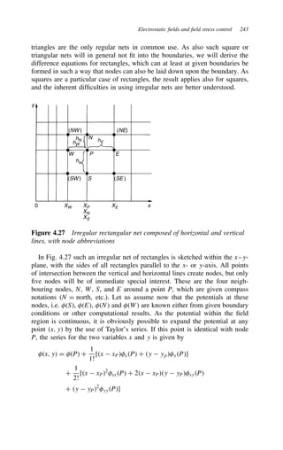 Electrostatic fields and field stress control 243
triangles are the only regular nets in common use. As also such square or
triangular nets will in general not fit into the boundaries, we will derive the
difference equations for rectangles, which can at least at given boundaries be
formed in such a way that nodes can also be laid down upon the boundary. As
squares are a particular case of rectangles, the result applies also for squares,
and the inherent difficulties in using irregular nets are better understood.
0 XW XP XE x
XN
XS
(SW )
(NW )
N
(NE)
(SE )
S
W P E
hs
hW
hN hE
y
Figure 4.27 Irregular rectangular net composed of horizontal and vertical
lines, with node abbreviations
In Fig. 4.27 such an irregular net of rectangles is sketched within the x–y-
plane, with the sides of all rectangles parallel to the x- or y-axis. All points
of intersection between the vertical and horizontal lines create nodes, but only
five nodes will be of immediate special interest. These are the four neigh-
bouring nodes, N, W, S, and E around a point P, which are given compass
notations (N D north, etc.). Let us assume now that the potentials at these
nodes, i.e. S, E, N and W are known either from given boundary
conditions or other computational results. As the potential within the field
region is continuous, it is obviously possible to expand the potential at any
point x, y by the use of Taylor’s series. If this point is identical with node
P, the series for the two variables x and y is given by
x, y D P C
1
1!
[x  xPxP C y  ypyP]
C
1
2!
[x  xP2
xxP C 2x  xPy  yPxyP
C y  yP2
yyP]
 