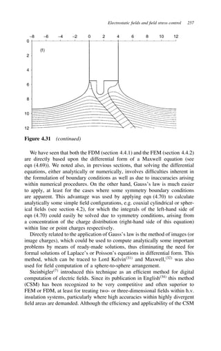 Electrostatic fields and field stress control 257
Figure 4.31 (continued)
We have seen that both the FDM (section 4.4.1) and the FEM (section 4.4.2)
are directly based upon the differential form of a Maxwell equation (see
eqn (4.69)). We noted also, in previous sections, that solving the differential
equations, either analytically or numerically, involves difficulties inherent in
the formulation of boundary conditions as well as due to inaccuracies arising
within numerical procedures. On the other hand, Gauss’s law is much easier
to apply, at least for the cases where some symmetry boundary conditions
are apparent. This advantage was used by applying eqn (4.70) to calculate
analytically some simple field configurations, e.g. coaxial cylindrical or spher-
ical fields (see section 4.2), for which the integrals of the left-hand side of
eqn (4.70) could easily be solved due to symmetry conditions, arising from
a concentration of the charge distribution (right-hand side of this equation)
within line or point charges respectively.
Directly related to the application of Gauss’s law is the method of images (or
image charges), which could be used to compute analytically some important
problems by means of ready-made solutions, thus eliminating the need for
formal solutions of Laplace’s or Poisson’s equations in differential form. This
method, which can be traced to Lord Kelvin31
and Maxwell,32
was also
used for field computation of a sphere-to-sphere arrangement.
Steinbigler7
introduced this technique as an efficient method for digital
computation of electric fields. Since its publication in English34
this method
(CSM) has been recognized to be very competitive and often superior to
FEM or FDM, at least for treating two- or three-dimensional fields within h.v.
insulation systems, particularly where high accuracies within highly divergent
field areas are demanded. Although the efficiency and applicability of the CSM
 